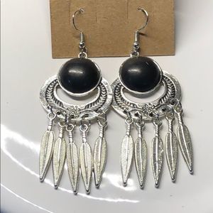 Black Stone Silver Feather Dream Catcher Earrings
